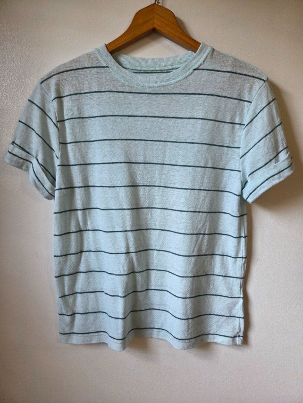 EUC LIKE NEW A NEW DAY LINEN BLEND SEA FOAM GREEN STRIPED TEE SIZE SMALL